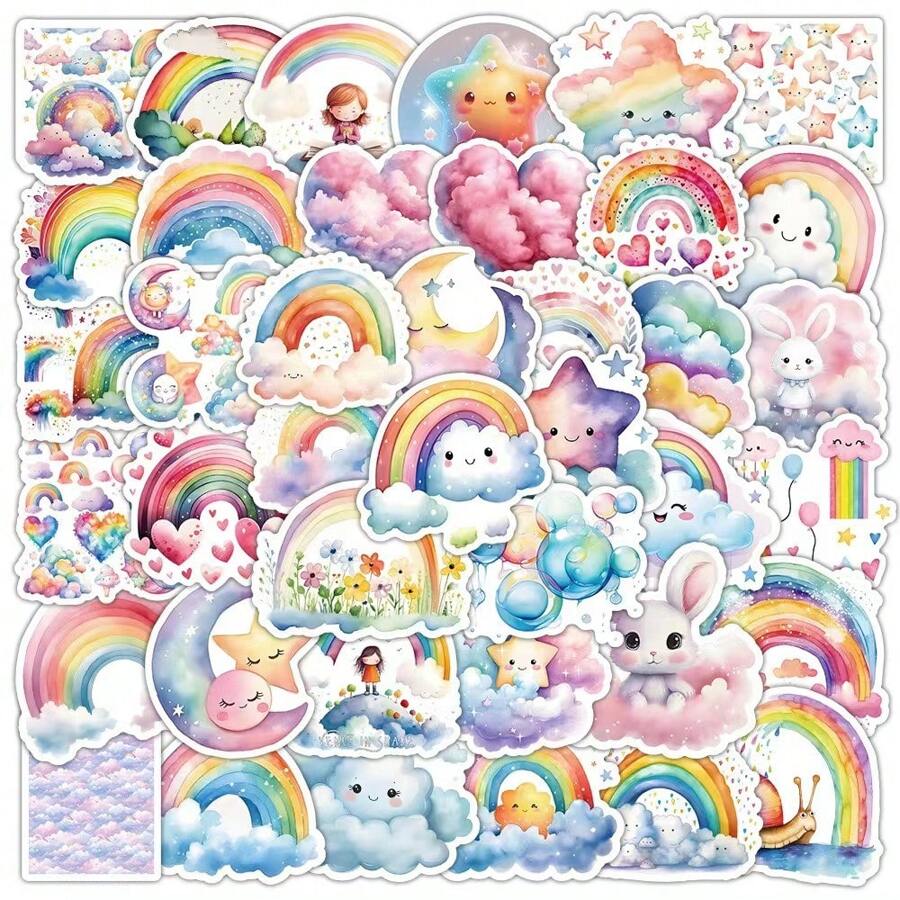 50pcs Rainbow Star Graffiti Stickers Decals For Decorate Laptop, Desk, Helmet, Skateboard, Guitar, Water Bottle, Luggage, Notebook, Planner, DIY Sticker Stationery,Stickers,Rainbow Stickers,Sticker - Multicolor - View 1