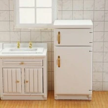 1/12 Scale Wooden Dollhouse Miniature Kitchen Furniture Set - Includes Cabinet, Refrigerator, Stove, Sink And Counter, Suitable For Decorative Dollhouse, Pink Color