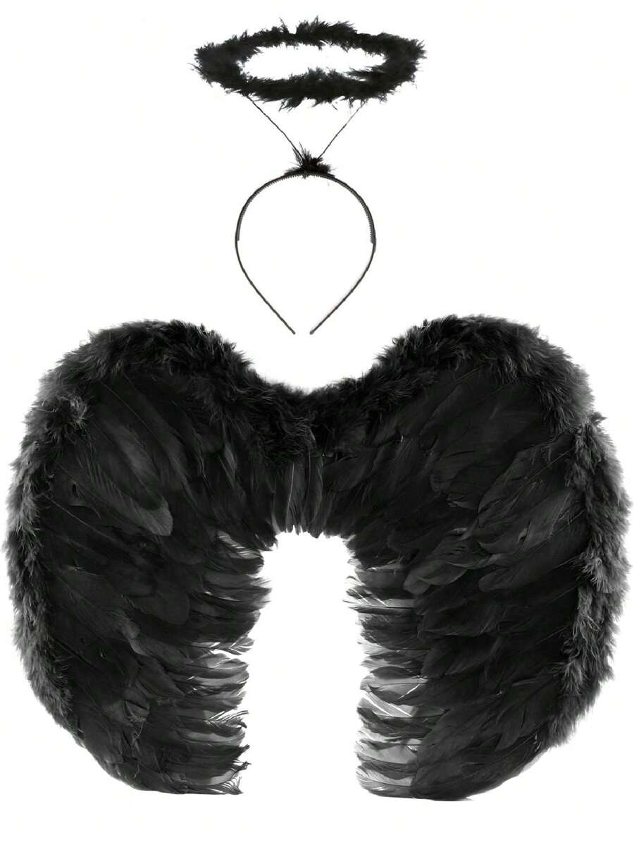 I LOVE FANCY DRESS Dark Angel Costume Set Black Feather Wings And ...
