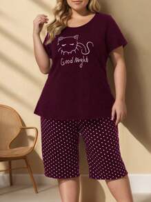 Pijama de mujer talla grande con estampado de gato, compuesto por camiseta de manga corta y pantalón de siete cuartos, color rojo, nuevo estilo de primavera/verano - Burdeos - Ver 4