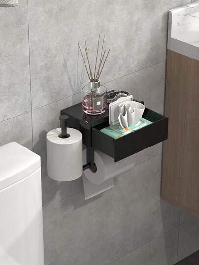 1pc Toilet Paper Holder With Storage Box, Black, With Storage Shelf, Upgraded Drawer Design Bathroom Tissue Dispenser, Wall Mounted Bathroom Storage Rack Home Bathroom Decor Bathroom Organizer Fall Decor Back To School