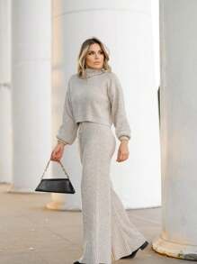 Women's Knitted Set With Cacharrel Blouse & Trousers - Beige - View 2