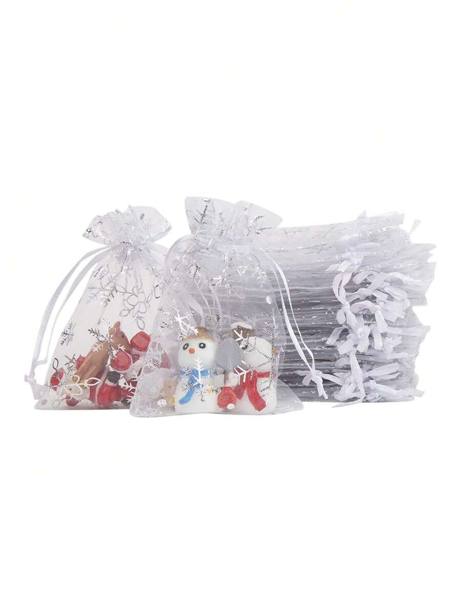 50pcs Christmas Organza Gift Bags, 9 Cm * 12 Cm Small Christmas Organza Drawstring Pouches Wedding Jewelry Bags,Christmas - White - View 1