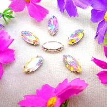 Piedras de vidrio en forma de ojo de caballo Navette, colores normales no AB, forma ovalada brillante hecha a mano, base de metal plateado con garras, cristales cosidos a mano, piedras planas con orificios para decorar ropa, vestidos, bolsos, zapatos, broches, pendientes y manualidades - Colores de fantasía - Ver 22