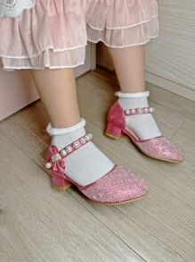 1pair Girls Fashion Elegant Bowknot Pearl Rhinestone Design Princess High Heel Dress Shoes, Pink Color, Breathable Anti-Slip, Suitable For Spring Summer Autumn Wedding Party Stage