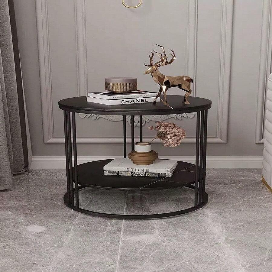 UNIWINI Round Coffee Table, Small Side Table With 2 Storage Shelves, Sofa Table Living Room Furniture - Black - View 1