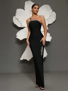 Handmade Beaded One Shoulder Knit Bandage Bodycon Dress, Elegant For Family Gatherings, Parties, And Evening Occasions - Black - View 4