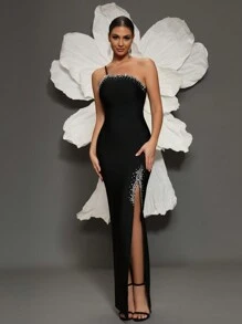 Handmade Beaded One Shoulder Knit Bandage Bodycon Dress, Elegant For Family Gatherings, Parties, And Evening Occasions - Black - View 1