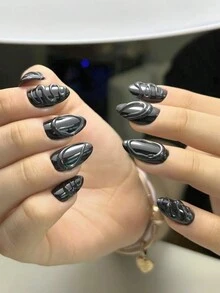 10 件/套手工杏仁形指甲贴纸，带黑线设计，可拆卸时尚假指甲 - 黑色 - 查看 2