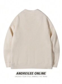 ANDREILEE Unisex Casual Loose Fit V-Neck Long Sleeve Cardigan With Pockets, Vertical Striped Letter Graphic, Suitable For Spring, Autumn And Winter - Apricot - View 3