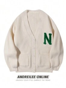 ANDREILEE Unisex Casual Loose Fit V-Neck Long Sleeve Cardigan With Pockets, Vertical Striped Letter Graphic, Suitable For Spring, Autumn And Winter - Apricot - View 2