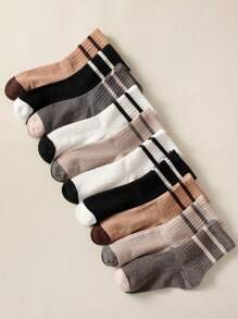 10双/20双女士日常舒适中筒双条纹袜子，秋季 - 彩色 - 查看 1