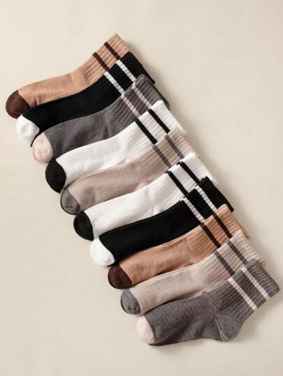 10双/20双女士日常舒适中筒双条纹袜子，秋季