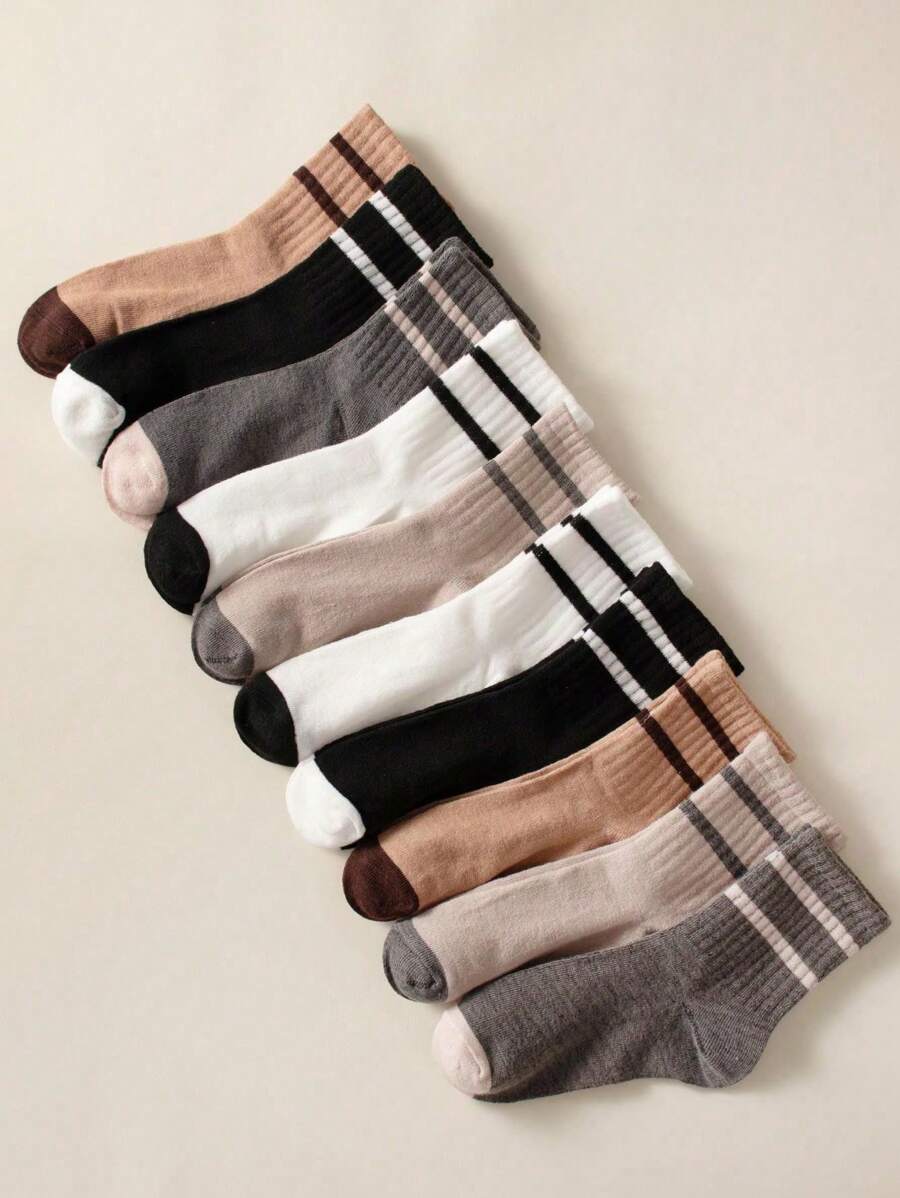 10双/20双女士日常舒适中筒双条纹袜子，秋季 - 彩色 - 查看 1