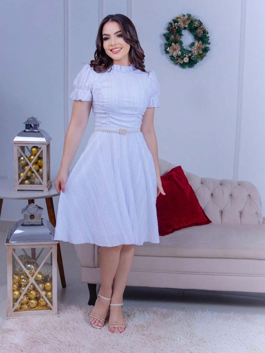 Women's Midi Dress With Belt Romantic Luxury Lese Cotton High Neck Elegant Modest Beautiful Party Wedding Zipper Buttons - 白色 - 查看 1