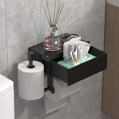 1 件带储物盒的卫生纸架，黑色，带储物架，升级抽屉式设计浴室纸巾架，壁挂式浴室储物架，家居浴室装饰浴室收纳架秋季装饰返校