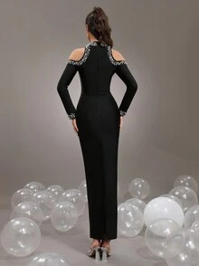Elegante vestido largo negro de cuello alto y hombros descubiertos, con mangas adornadas con perlas y diamante de imitación, diseño entallado, adecuado para fiestas, invitados de boda - Negro - Ver 7