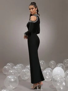 Elegante vestido largo negro de cuello alto y hombros descubiertos, con mangas adornadas con perlas y diamante de imitación, diseño entallado, adecuado para fiestas, invitados de boda - Negro - Ver 6