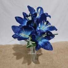 Artificial Lily Bouquet With 5 Flowers For Wedding Decoration, Arrangements, Decorating Parties And Home - Màu xanh hải quân - Xem 2