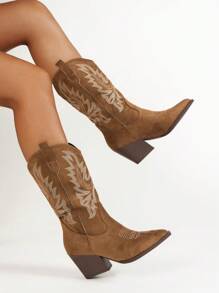 Fall/Winter 2025 New Suede Pointed-Toe Western Boots With Embroidery Thick Heel Mid-Calf Riding Boots For Women,Cowboy Boots - Brown - View 6