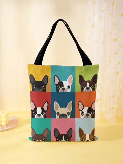 1pc Cute Cartoon Boston Terrier Print Canvas Tote Bag, Women Handbag, Casual Large Capacity Shopper Bag, Versatile Shoulder Bag, New In Fall/Winter Large Capacity Shoulder Tote Bag