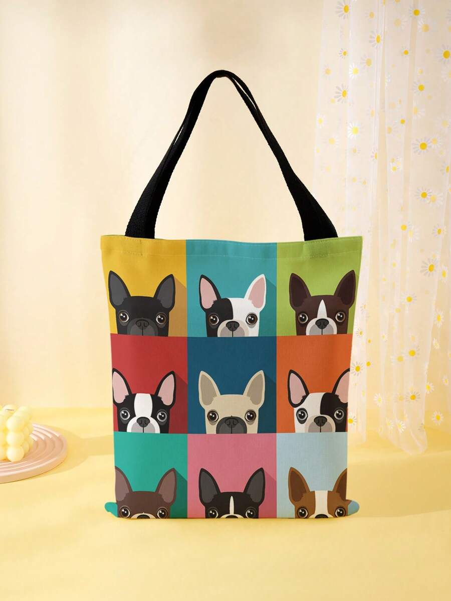 1 Stück süße Cartoon Boston Terrier Muster Leinwand Tragetasche, Damen Handtasche, lässige Shopper Tasche mit großer Kapazität, vielseitige Schultertasche, neu im Herbst/Winter Schultertasche mit großer Kapazität