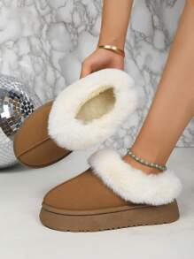 Thick Fluffy Lined Christmas Slip-On Snow Boots, Plush Warm Indoor House Slippers, Outdoor Anti-Slip Boots For Women, Brown