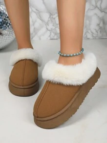 Thick Fluffy Lined Christmas Slip-On Snow Boots, Plush Warm Indoor House Slippers, Outdoor Anti-Slip Boots For Women, Brown