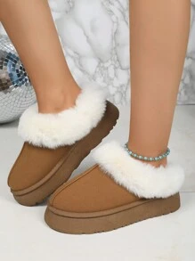 Thick Fluffy Lined Christmas Slip-On Snow Boots, Plush Warm Indoor House Slippers, Outdoor Anti-Slip Boots For Women, Brown