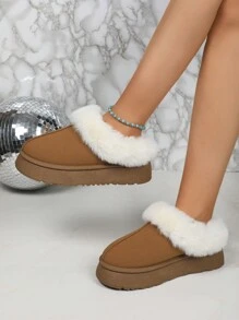Thick Fluffy Lined Christmas Slip-On Snow Boots, Plush Warm Indoor House Slippers, Outdoor Anti-Slip Boots For Women, Brown