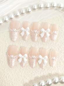 10 件纯手工制作中号杏仁形按压指甲，简约风格指甲，白色指甲法式尖头指甲，立体仿珍珠蝴蝶结指甲装饰，仿珍珠母螺纹指甲胶，凝胶指甲套装，春季指甲，夏季指甲，适合所有场合和衣服使用的假指甲，美甲，2025 新款指甲，指甲按压，欧美指甲，现代日本指甲美甲用品指甲 - Follow Your Heart - 查看 13