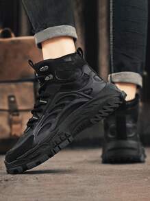 Botas masculinas de cano alto antiderrapantes com sola grossa para atividades ao ar livre, botas de trabalho, couro preto