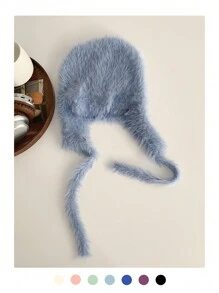 1buc drăguț corn de diavol Y2K colorblock cu dungi Fuzzy Earmuff tricot pălărie beanie, căciulă caldă de pluș cu cravată, balaclava