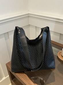 2-In-1 2024 Solid Color Fashionable Commuting Woven Tote Bag With Minimalist Design, Underarm Bag And Large Capacity Shoulder Bag Set - Black - View 9