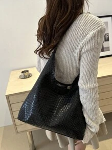 2-In-1 2024 Solid Color Fashionable Commuting Woven Tote Bag With Minimalist Design, Underarm Bag And Large Capacity Shoulder Bag Set - Black - View 5
