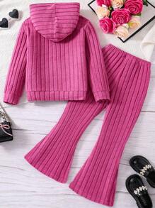 Tween 女童休闲口号图案罗纹针织连帽衫和喇叭裤 2 件套，秋季