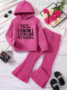 Tween 女童休闲口号图案罗纹针织连帽衫和喇叭裤 2 件套，秋季