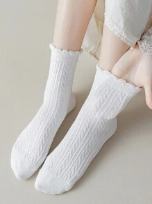 12 Pairs Assorted Women Plain Color Ruffled Breathable Lolita Style Casual Mid-Calf Socks - Multicolor - View 3
