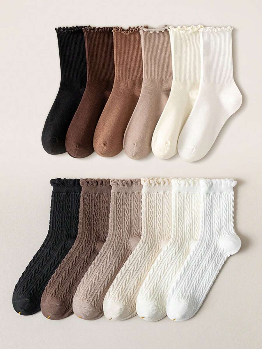 12 Pairs Assorted Women Plain Color Ruffled Breathable Lolita Style Casual Mid-Calf Socks - Multicolor - View 1