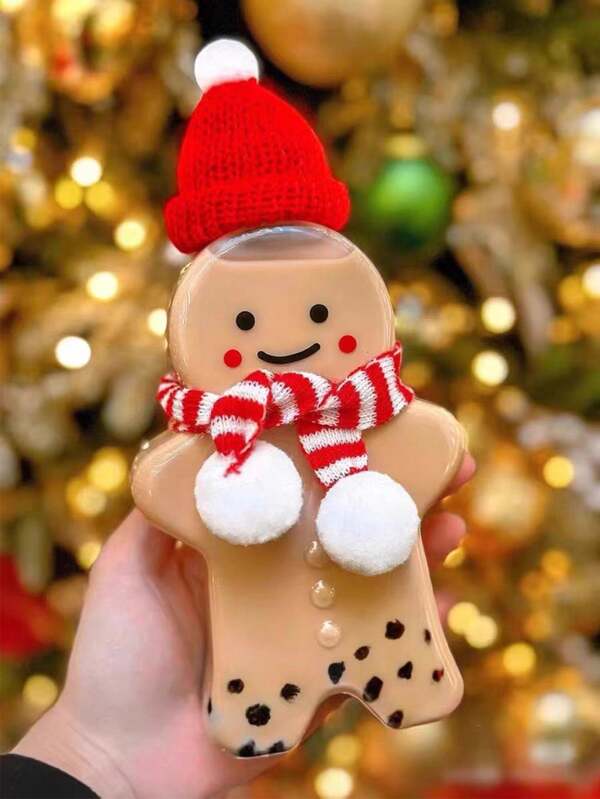 4pcs, Christmas Decorations Gingerbread Milk Tea Drink Cup Plastic Bottles  Homemade Drink Creative Cold Drink Cup Reusable, Multi-Functional Candy Box Gift Bottles Christmas Decorations Christmas Decor Christmas Gifts Christmas Party Supplies Christmas Gift Bags Christmas Bags Christmas Stickers