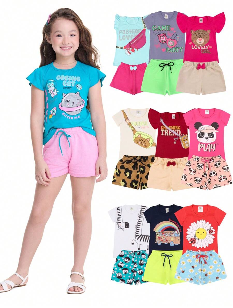 Kit 10 Pieces Of Children's Clothing For Girls - 5 T-Shirts + 5 Bermuda Shorts