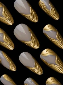 24 miếng dán móng tay kiểu Pháp hình hạnh nhân, phong cách tối giản hiện đại, cá tính, retro, 3D cơ khí, sóng nổi, mạ vàng, giúp nâng tầm diện mạo tức thì. Dụng cụ làm móng nghệ thuật. - Vàng - Xem 7