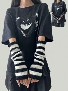 1 Pair Y2K Style Arm Warmers For Women, Punk Gothic Striped Fingerless Knitted Arm Sleeve Warmers For Halloween Cold Gloves Y2k Valentine's Day Valentines