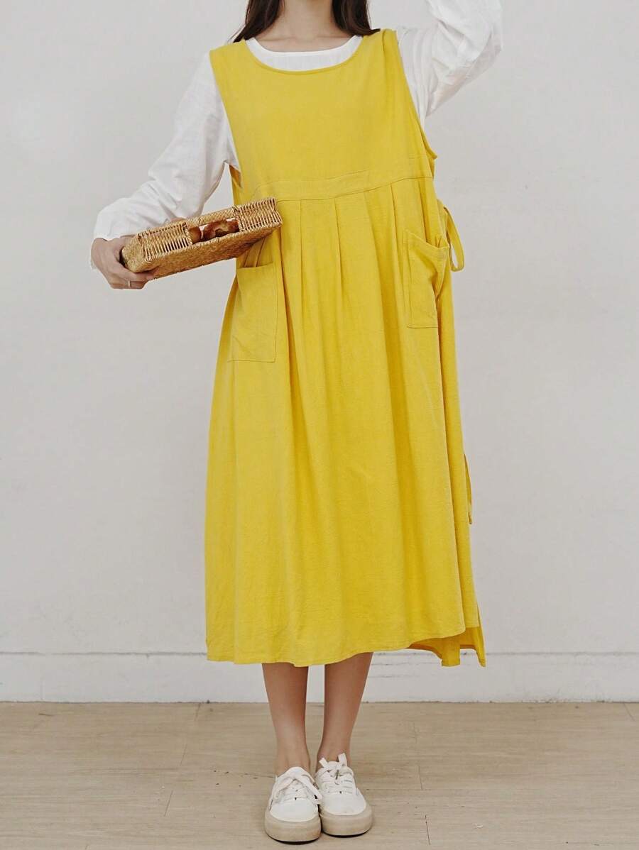 1 PC Plain Apron,Modern And Simple Style Large Size Women One-Piece Side Slit Pleated Lace Up Anti-Fouling Smock,Suitable For Various Occasions-One-Size(44.9x19.7 Inches) - 黃色 - 查看 1