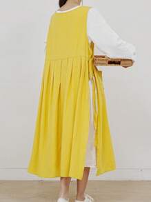 1 PC Plain Apron,Modern And Simple Style Large Size Women One-Piece Side Slit Pleated Lace Up Anti-Fouling Smock,Suitable For Various Occasions-One-Size(44.9x19.7 Inches) - 黃色 - 查看 8