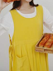 1 PC Plain Apron,Modern And Simple Style Large Size Women One-Piece Side Slit Pleated Lace Up Anti-Fouling Smock,Suitable For Various Occasions-One-Size(44.9x19.7 Inches) - 黃色 - 查看 5