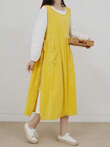 1 PC Plain Apron,Modern And Simple Style Large Size Women One-Piece Side Slit Pleated Lace Up Anti-Fouling Smock,Suitable For Various Occasions-One-Size(44.9x19.7 Inches) - 黃色 - 查看 6