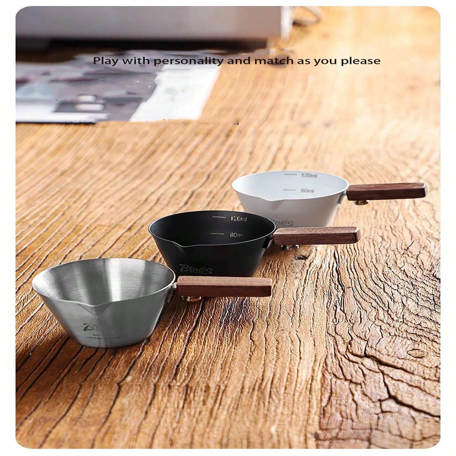 Bincoo Wooden Handle Italian Espresso Measuring Cup, Stainless Steel