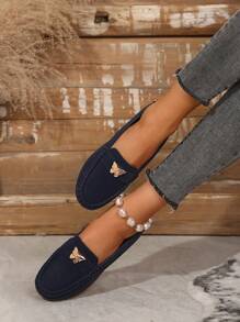 Women's Gold Butterfly Decorated Handmade Flat Shoes,Casual Slip-On Loafers For Spring And Autumn Traveling & Leisure - Blue - View 4