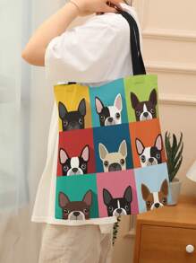 1 Stück süße Cartoon Boston Terrier Muster Leinwand Tragetasche, Damen Handtasche, lässige Shopper Tasche mit großer Kapazität, vielseitige Schultertasche, neu im Herbst/Winter Schultertasche mit großer Kapazität